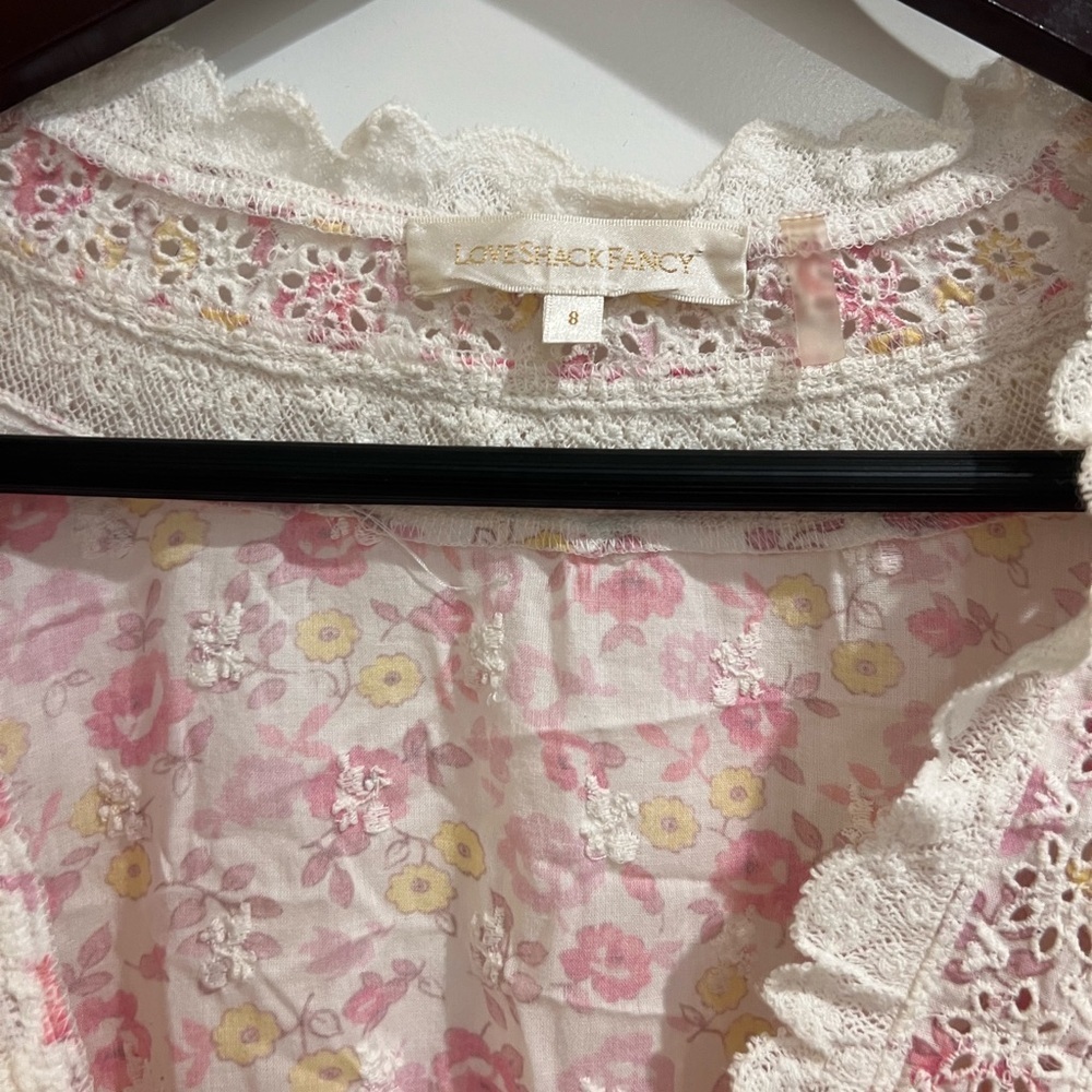 LoveShackFancy Belen Floral Eyelet Mini Dress | Size 8 Pink Yellow Floral - Picture 5 of 9
